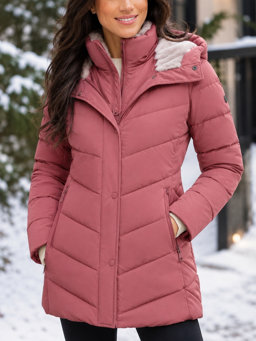 Andrew Marc Women's Terra Rose Warm Puffer Coat with Faux Fur Hood